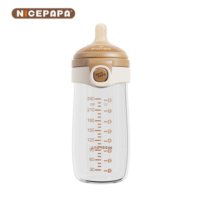Hoogwaardige glazen fles met flip-cap, gebitsbestendige, duurzame tepel geschikt voor pasgeboren baby's.